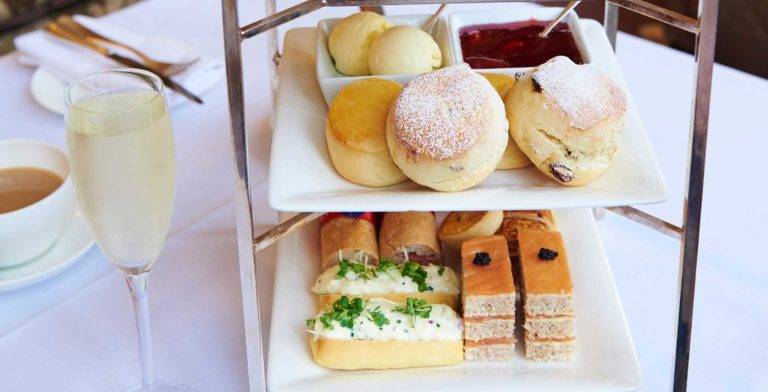 Tiered serving tower with sandwiches and pastries for Afternoon Tea at Bovey Castle