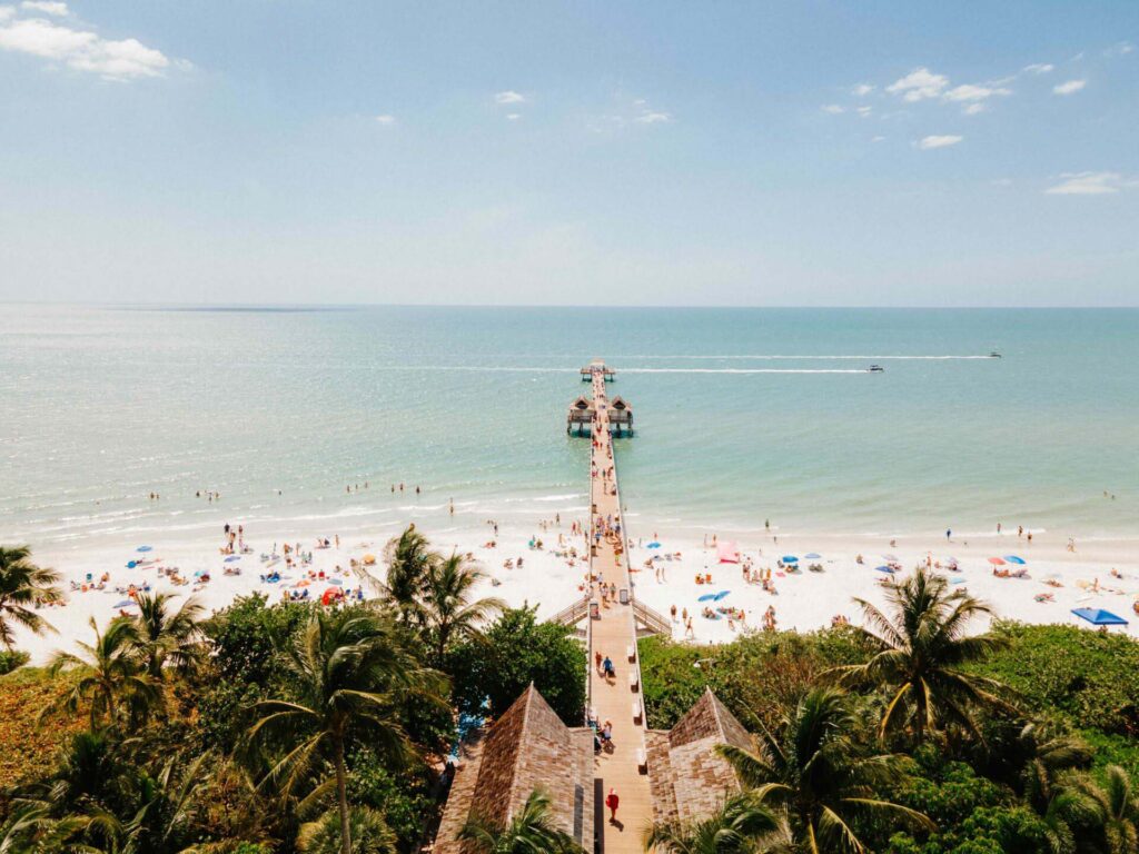 Overhead view of the Naples Pier and Beach