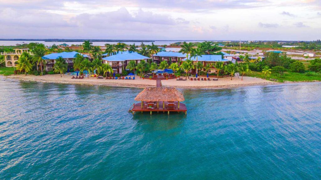 Aerial view of Chabil Mar Villas, beach, and waterfront hut.
