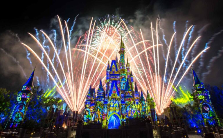 Fireworks going off behind the castle at the Magic Kingdom