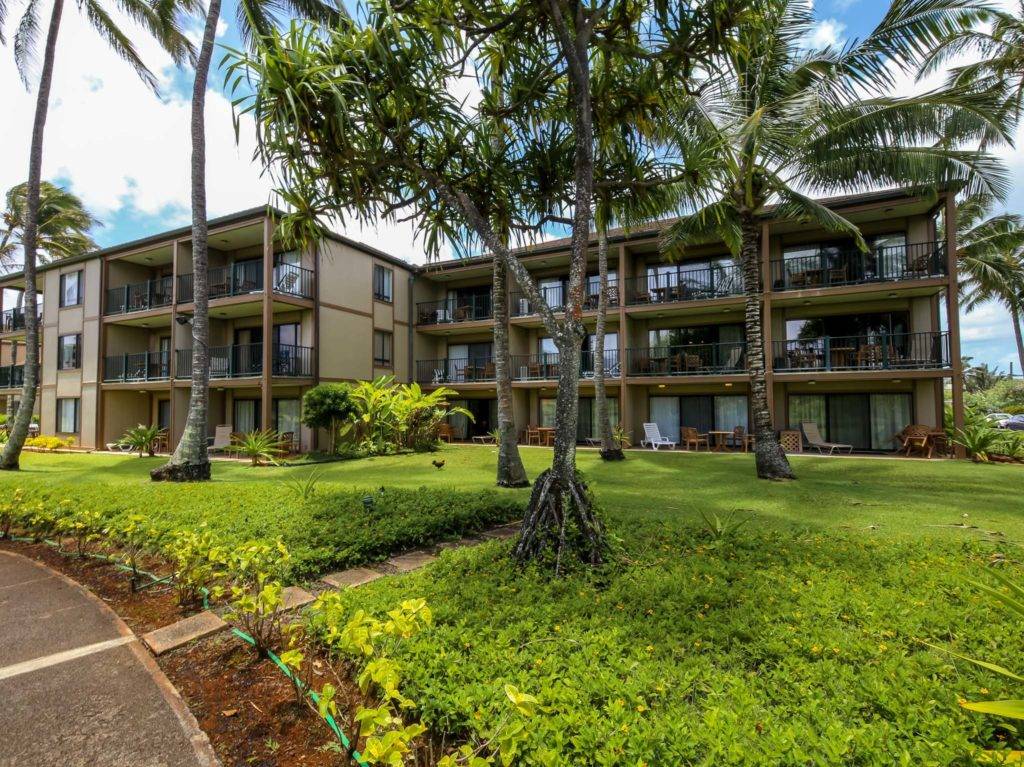 Palm trees outside a Pono Kai Resort residence unit.