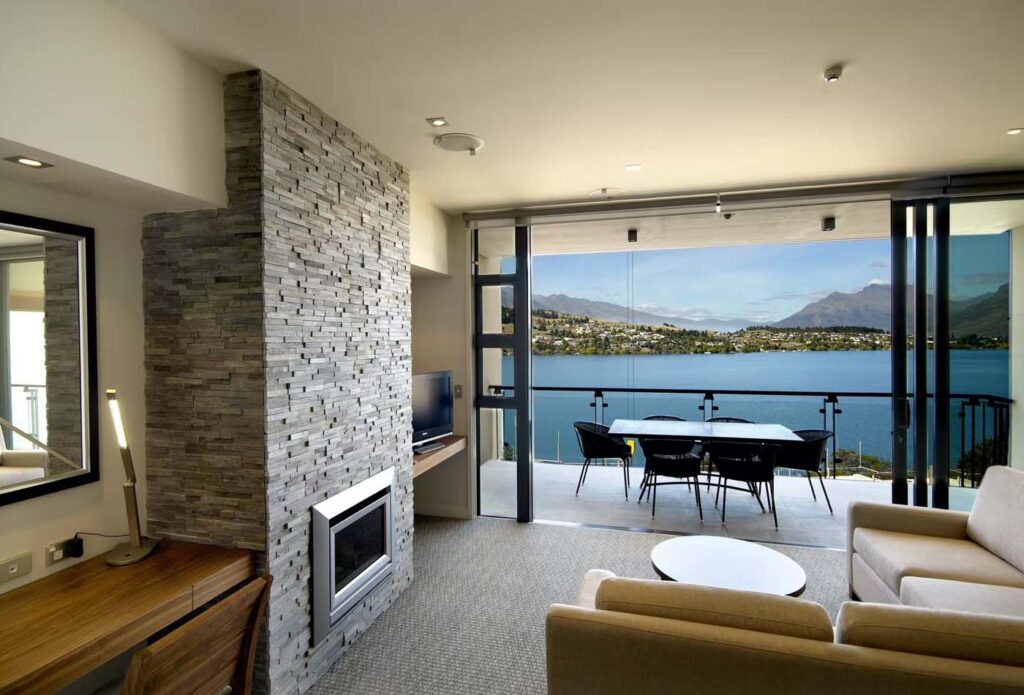 Apartment living room and balcony at the Rees Hotel, New Zealand