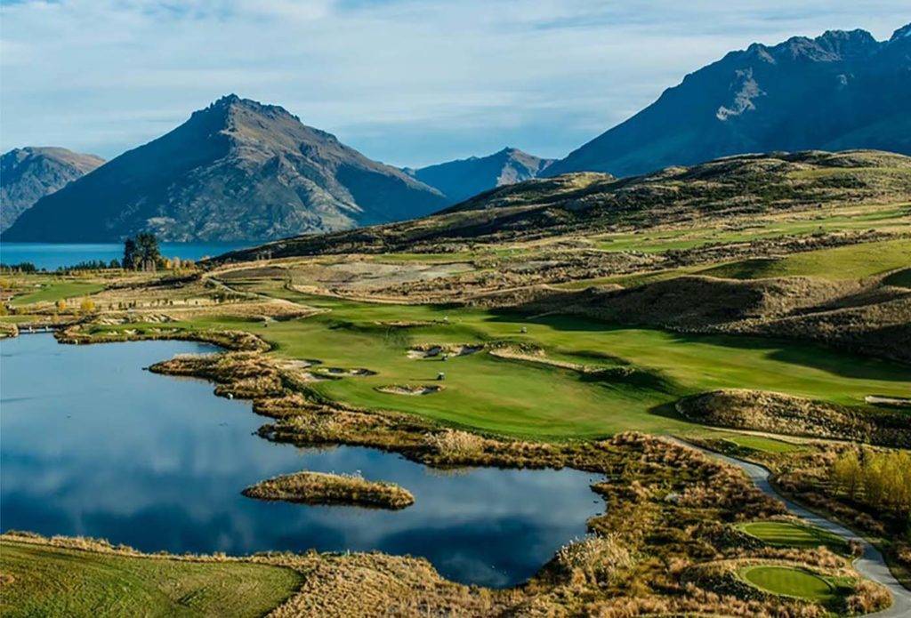 View of golf course set into a mountain