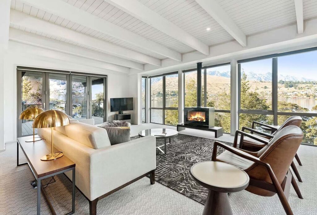 Lakeside residence living room at the Rees Hotel, New Zealand