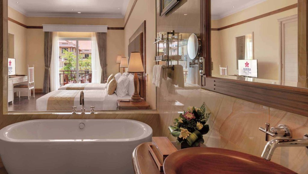 Bathroom of the deluxe garden view room at the Sokha Siem Reap Resort