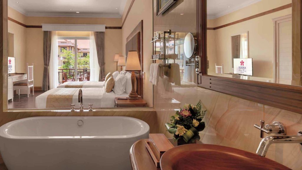 Bathroom of the deluxe pool view room at the Sokha Siem Reap Resort