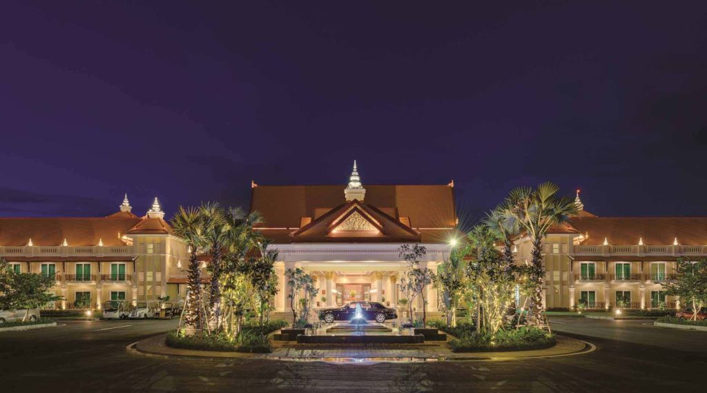 Exterior of the main entrance of the Sokha Siem Reap Resort at night